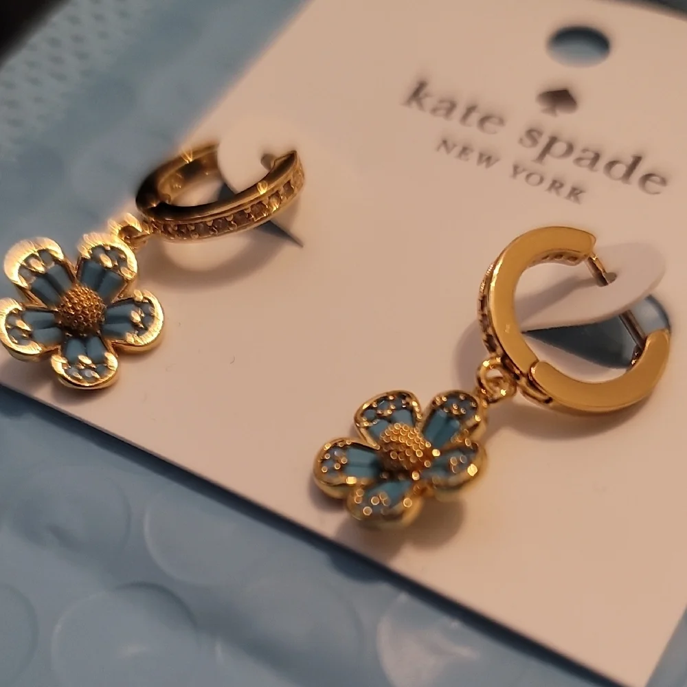 Kate Spade Blue Fleurette Huggie Hoop Drop Earrings - Picture 3 of 5